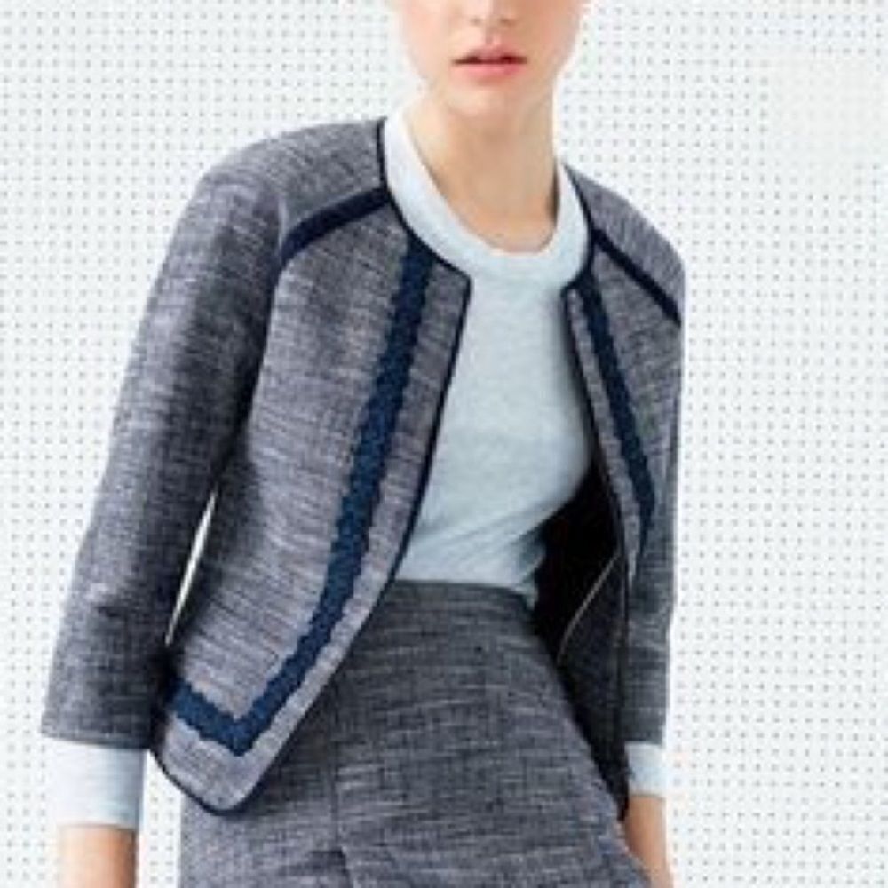 J. CREW Navy Blue Tweed Cropped Collarless Zip Front Blazer Jacket 0